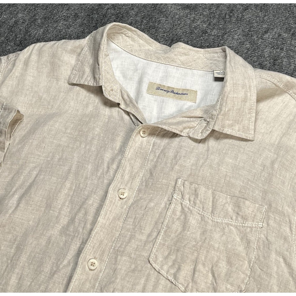 Tommy‎ Bahama Shirt Adult Large Tan Linen Marling Beach Hawaii Short Sleeve Mens